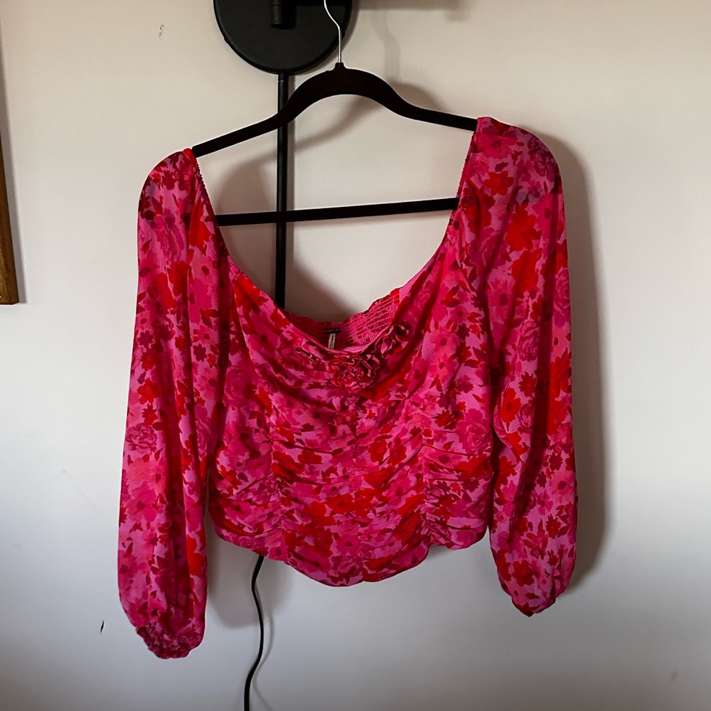 Oh Lala Rosette Long Sleeve Floral Top Pink Combo Sweetheart milkmaid ruched - Picture 2 of 5